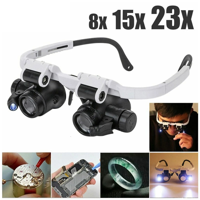 2XLED Watch Jeweler Repair Magnifier Head - Mounted Headband Adjustable Magnifying Head Eye Glasses Loupe Lens 8X 15X 23X - Axooms