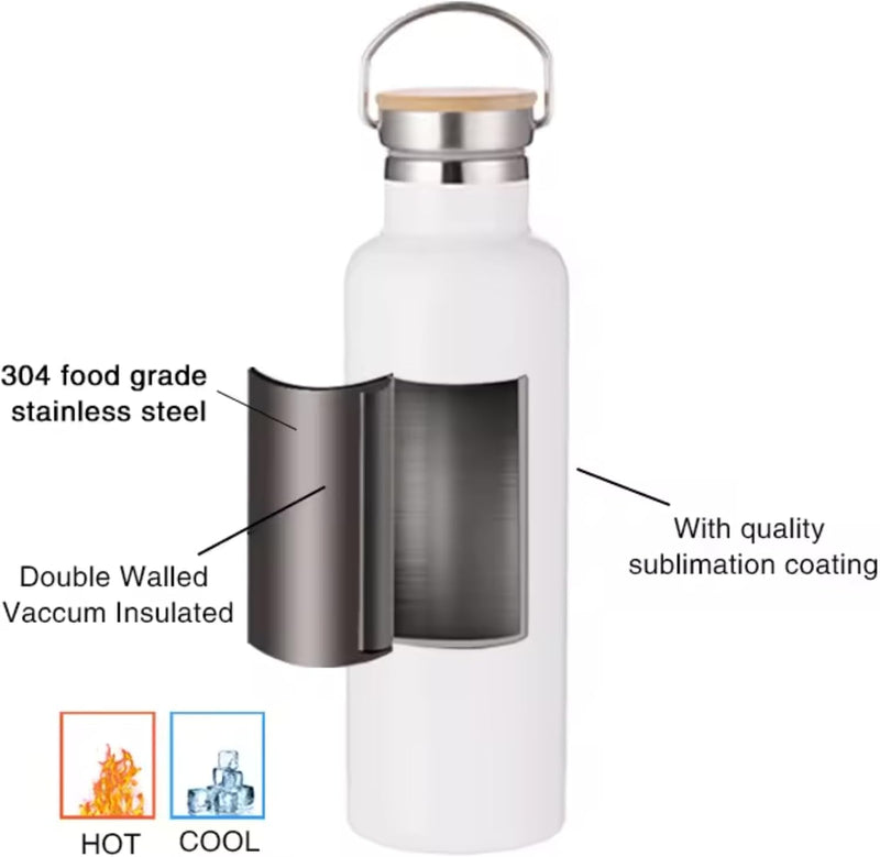 Axooms 500ml Stainless Steel Sport Water Bottle - Double Wall Insulated, Reusable Sublimation Thermos Flask Vacuum Metal Bottle with Handle & Leakproof Lid for Cyclists, Runners & Hikers (1pc, White)