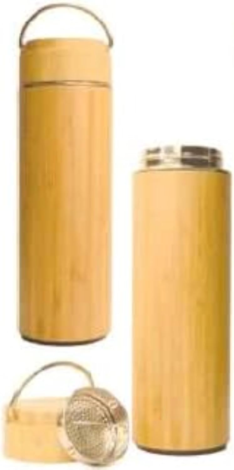 Axooms Bamboo Stainless Steel Flask Eco-Friendly Vacuum Insulated Water Bottle with Portable Handle, Premium Steel Interior and Natural Bamboo Exterior, Durable and Stylish Drinkware (1pc, 500ml)