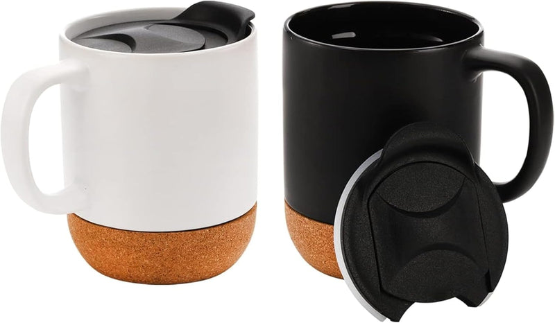 Axooms 13oz Ceramic Coffee Mug Set with Cork Base, Reusable Cups with Handle and Splash-Proof Lid - Black and White Mugs for Hot and Cold Drinks, Gift Set for Home, Office & Travel (Set of 2)