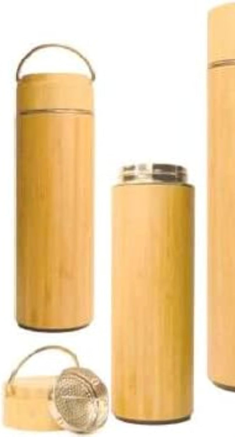 Axooms Bamboo Stainless Steel Flask Eco-Friendly Vacuum Insulated Water Bottle with Portable Handle, Premium Steel Interior and Natural Bamboo Exterior, Durable and Stylish Drinkware (1pc, 500ml)