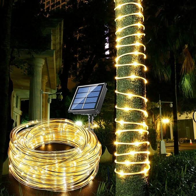 Axooms Solar Rope Light 33FT 100L IP65 Waterproof Outdoor LED Copper Fairy String Tube Lights for Party Garden Yard Home Wedding Christmas Halloween Holiday Tree Decoration Lighting (Warm White)