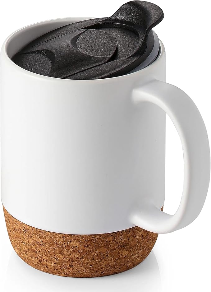 Axooms Ceramic Coffee Mug with Insulated Cork Base and Splash Proof Lid Reusable Coffee Cup with Handle for Home & Office, Ideal Gift for Men and Women, Travel Mug for Hot & Cold Drinks (White, 13oz)