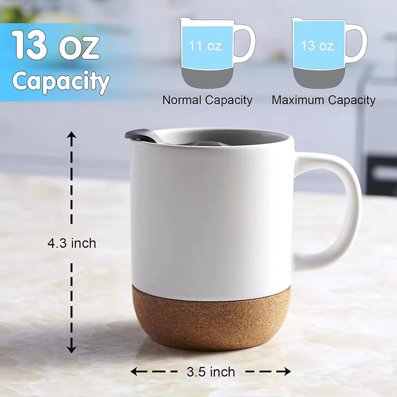 Axooms Ceramic Coffee Mug with Insulated Cork Base and Splash Proof Lid Reusable Coffee Cup with Handle for Home & Office, Ideal Gift for Men and Women, Travel Mug for Hot & Cold Drinks (White, 13oz)