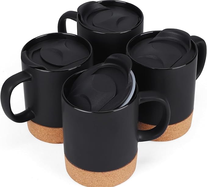 Axooms Coffee Mugs Set of 4 - Ceramic Cups with Insulated Cork Base, Reusable Coffee Mugs with Handle and Splash Proof Lid for Home and Office Use, Gift Set for Men and Women – (4 Pieces, Black, 13oz)