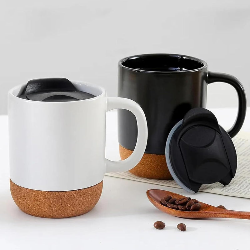 Axooms 13oz Ceramic Coffee Mug Set with Cork Base, Reusable Cups with Handle and Splash-Proof Lid - Black and White Mugs for Hot and Cold Drinks, Gift Set for Home, Office & Travel (Set of 2)