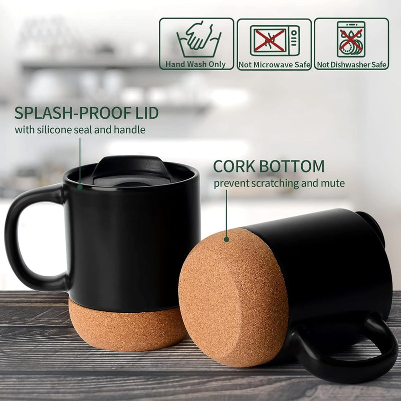 Axooms 13oz Ceramic Coffee Mug Set with Cork Base, Reusable Cups with Handle and Splash-Proof Lid - Black and White Mugs for Hot and Cold Drinks, Gift Set for Home, Office & Travel (Set of 2)