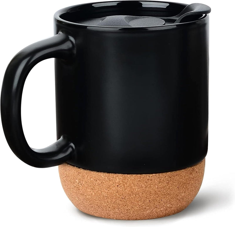 Axooms 13oz Ceramic Coffee Mug with Insulated Cork Base and Splash Proof Lid, Reusable Coffee Cup with Handle for Home & Office, Ideal Gift for Men & Women, Travel Mug for Hot & Cold Drinks (Black)