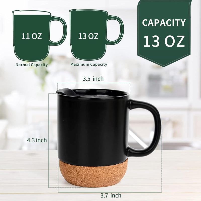 Axooms 13oz Ceramic Coffee Mug with Insulated Cork Base and Splash Proof Lid, Reusable Coffee Cup with Handle for Home & Office, Ideal Gift for Men & Women, Travel Mug for Hot & Cold Drinks (Black)