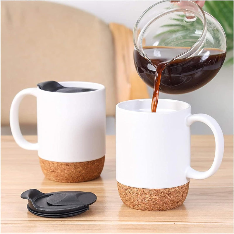 Axooms 13oz Ceramic Coffee Mug Set with Cork Base, Reusable Cups with Handle and Splash-Proof Lid - Black and White Mugs for Hot and Cold Drinks, Gift Set for Home, Office & Travel (Set of 2)