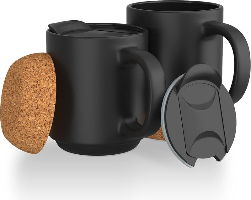 Axooms Coffee Mugs Set of 4 - Ceramic Cups with Insulated Cork Base, Reusable Coffee Mugs with Handle and Splash Proof Lid for Home and Office Use, Gift Set for Men and Women – (4 Pieces, Black, 13oz)