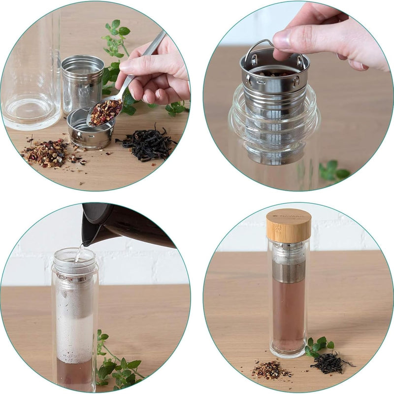 Axooms Borosilicate Glass Water Bottle with Natural Bamboo Lid, Tea Infuser - Neoprene Cup, BPA Free Thermal Insulation, Perfect for Juicing, Smoothies, and Beverage Storage - Premium Quality Glass