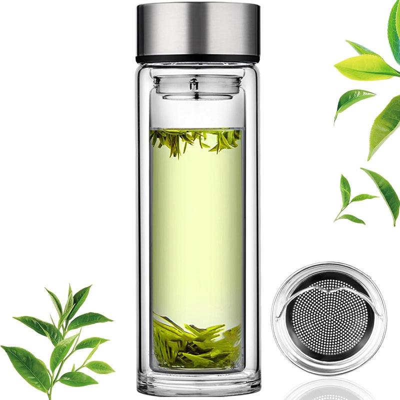 Axooms Glass Tea Infuser Bottle - Double Wall Borosilicate, Portable Travel Mug, Tea Tumbler with Diffuser for Loose Leaf, Flower, and Herbal Tea Bags, Insulated Tea Bottle with Strainer - Clear