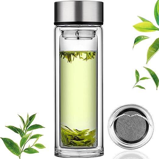 Axooms Glass Tea Infuser Bottle - Double Wall Borosilicate, Portable Travel Mug, Tea Tumbler with Diffuser for Loose Leaf, Flower, and Herbal Tea Bags, Insulated Tea Bottle with Strainer - Clear