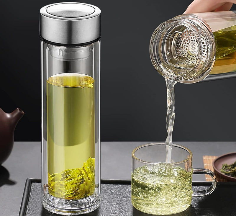 Axooms Glass Tea Infuser Bottle - Double Wall Borosilicate, Portable Travel Mug, Tea Tumbler with Diffuser for Loose Leaf, Flower, and Herbal Tea Bags, Insulated Tea Bottle with Strainer - Clear