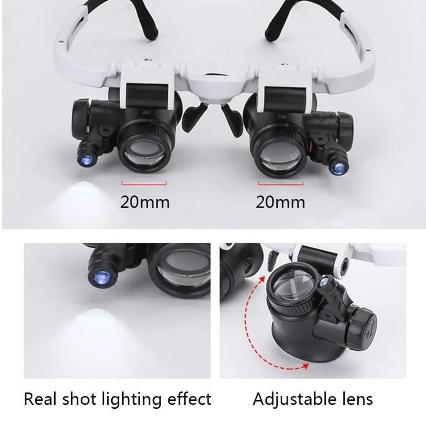 2XLED Watch Jeweler Repair Magnifier Head-Mounted Headband Adjustable Magnifying Head Eye Glasses Loupe Lens 8X 15X 23X