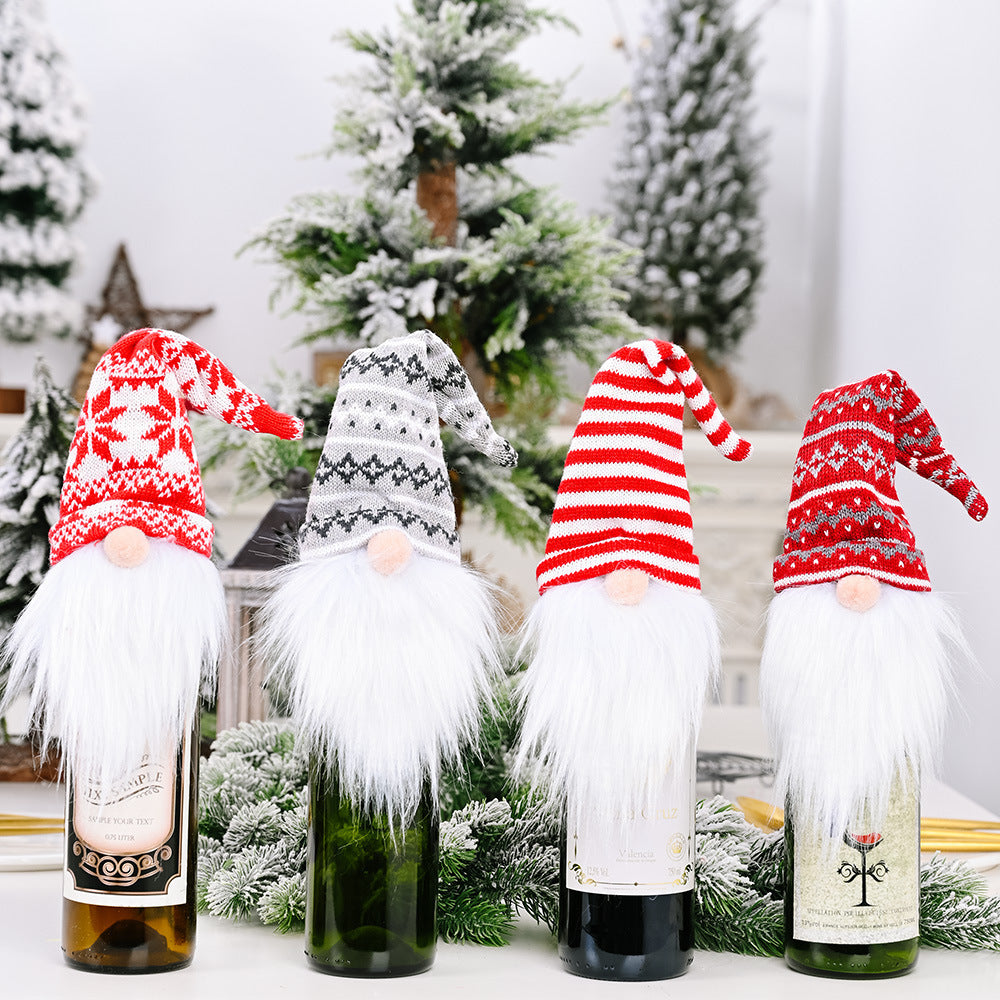 Christmas Decoration Supplies Knitted Hat Forest Old Man Wine Set Faceless Doll Wine Cap Wine Bottle Decoration