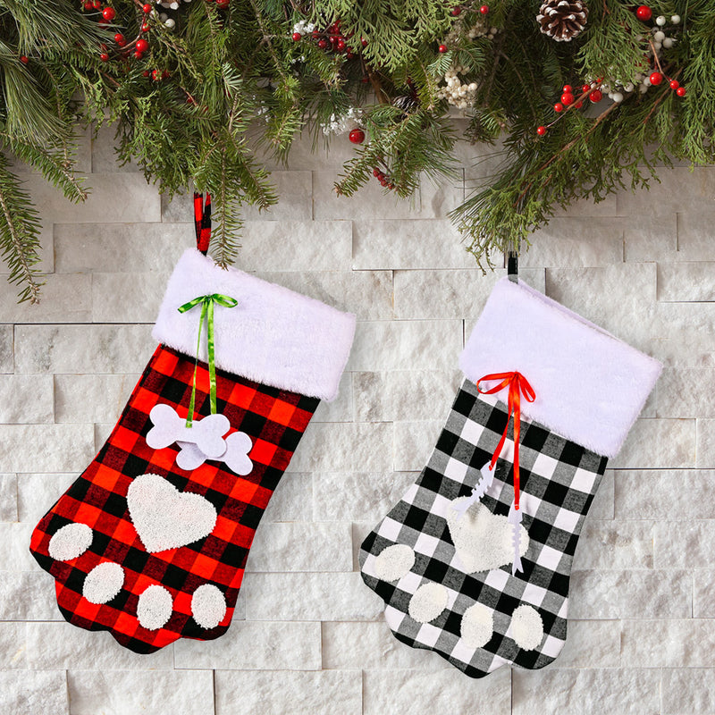 Christmas Decoration Red And Black Plaid Dog Paw Socks