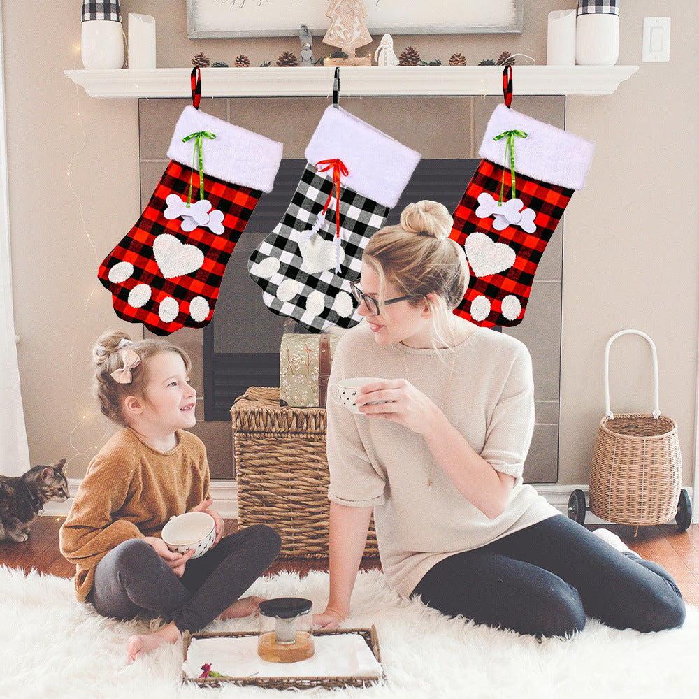 Christmas Decoration Red And Black Plaid Dog Paw Socks