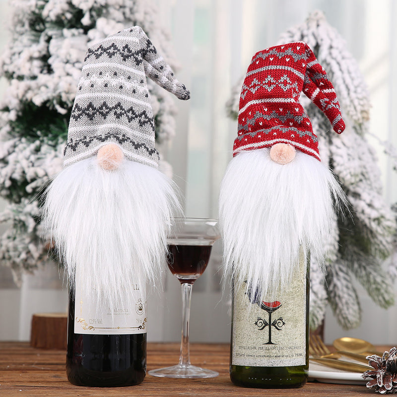 Christmas Decoration Supplies Knitted Hat Forest Old Man Wine Set Faceless Doll Wine Cap Wine Bottle Decoration